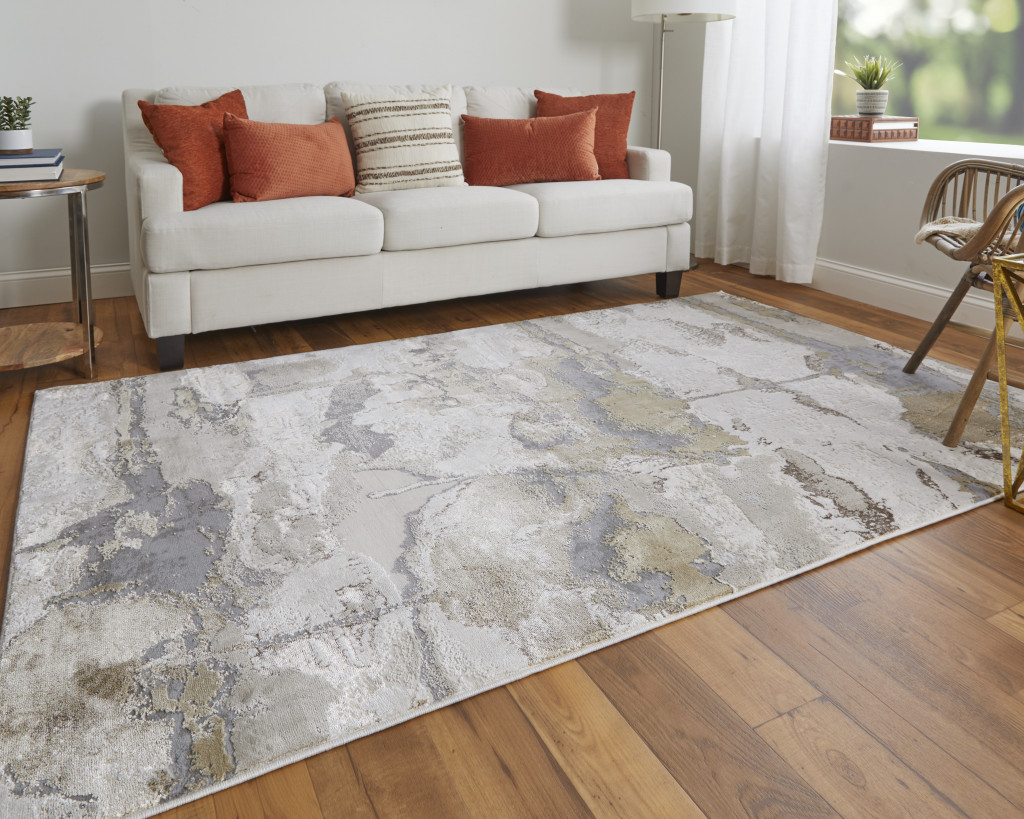 2 x 3 ft. Gray Ivory & Gold Abstract Stain Resistant Rectangle Area Rug - Gray Ivory and Gold - 2 x 3 ft.