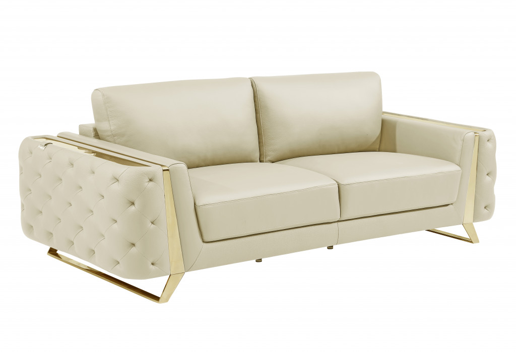 34 x 90 x 39 in. Beige Italian Leather & Gold Standard Sofa