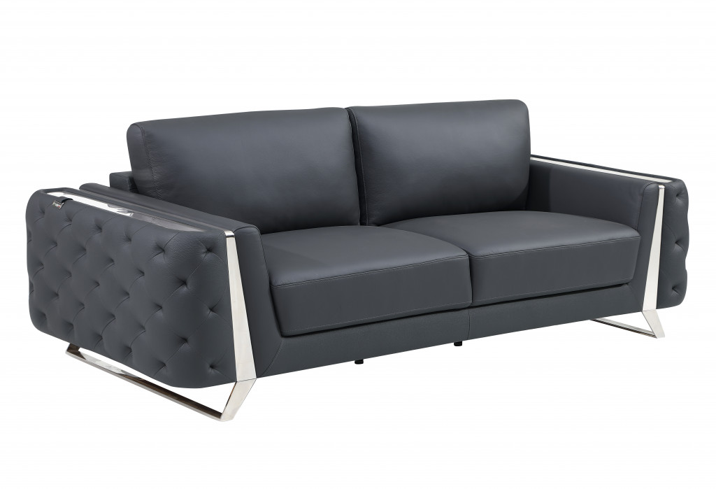 34 x 90 x 39 in. Dark Gray Italian Leather & Chrome Standard Sofa