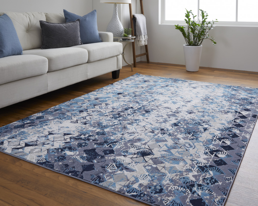 8 x 10 ft. Blue Ivory & Gray Geometric Power Loom Distressed Rectangle Area Rug - Blue and Ivory - 8 x 10 ft.
