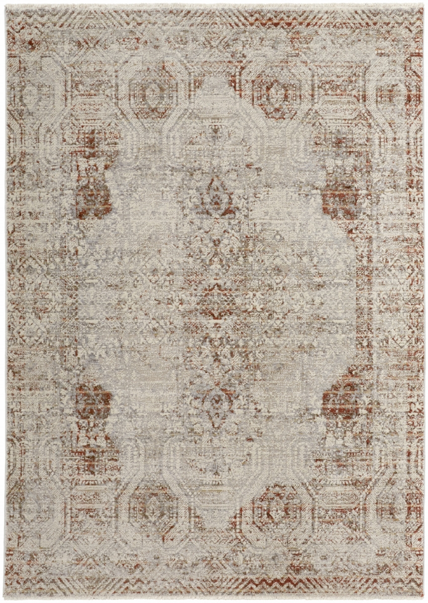 8 x 10 ft. Tan Ivory & Orange Floral Power Loom Distressed Rectangle Area Rug with Fringe