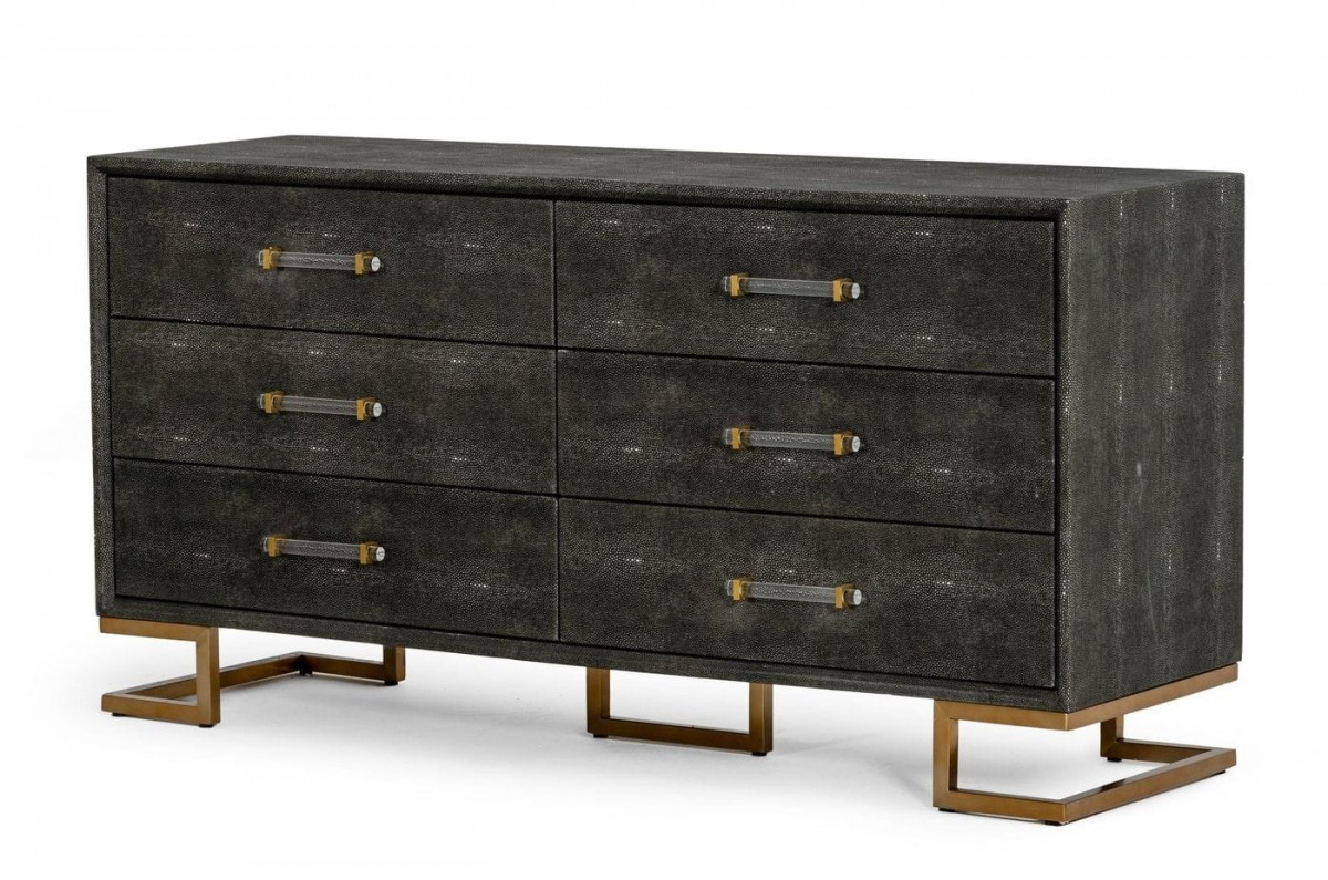 32 x 63 x 19 in. Gray Shagreen Faux Leather & Gold Six Drawers Double Dresser -  Gfancy Fixtures, GF3728908