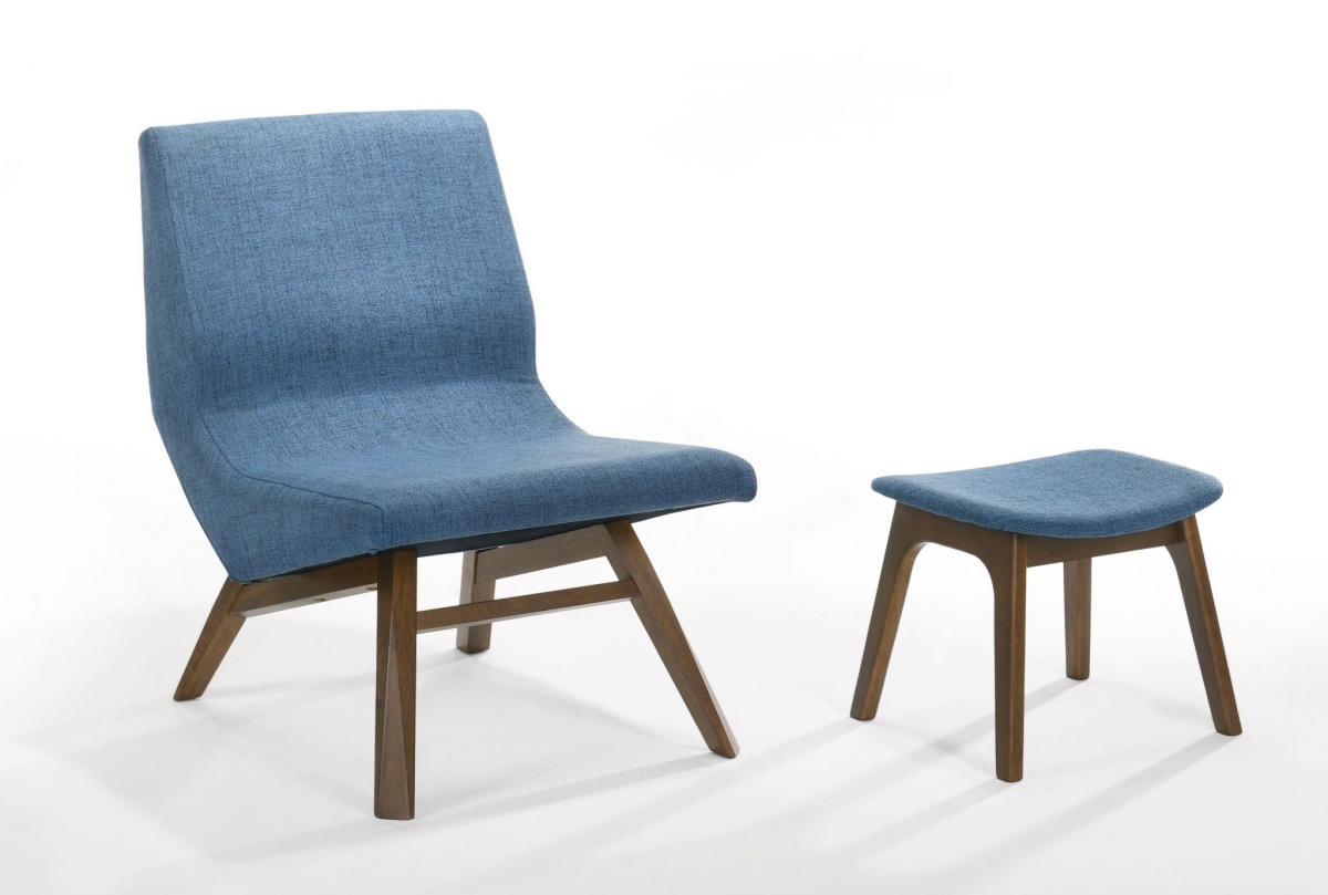 32 x 22 x 27 in. Blue & Walnut Solid Color Lounge Chair with Ottoman