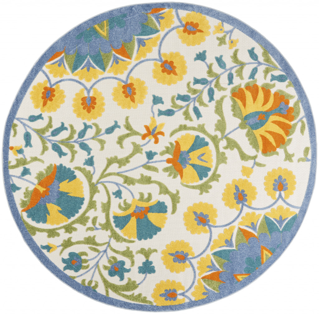 8 x 8 ft. Blue Yellow & White Toile Non Skid Indoor & Outdoor Round Area Rug - Blue and Yellow - 8 x 8 ft.