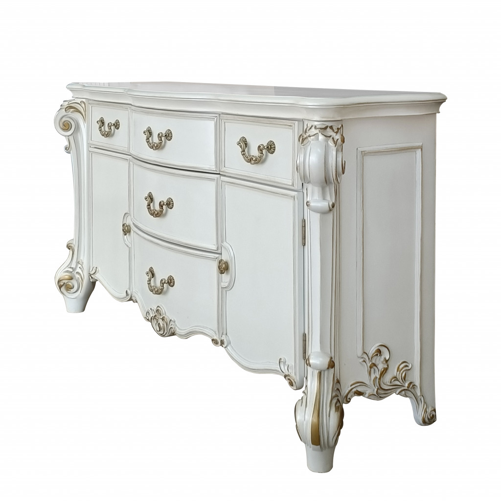 71 in. Solid Wood Five Drawer Triple Dresser, Antique Pearl