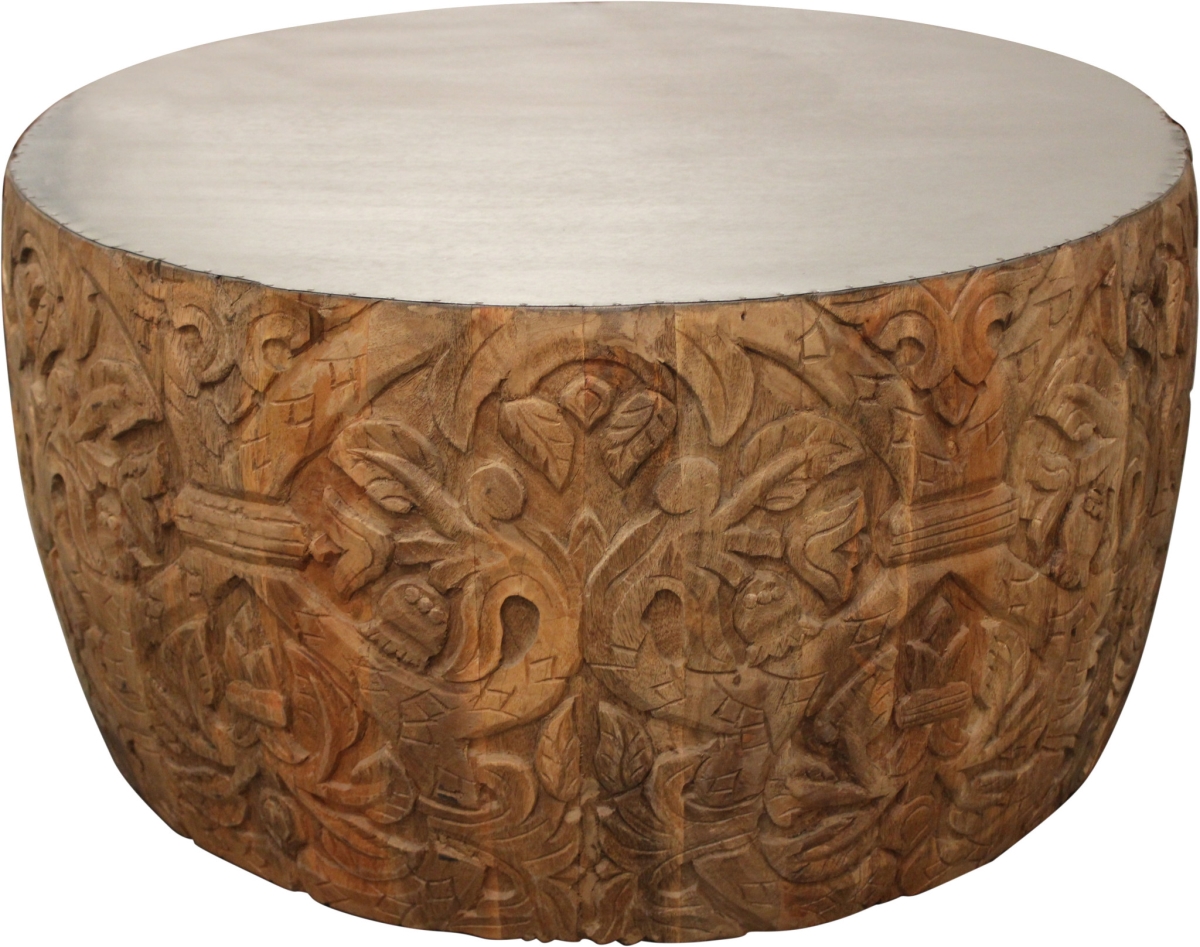 Hand-Carved Wood Round Coffee Table - Natural Brown & White - 32in. - Sturdy Design