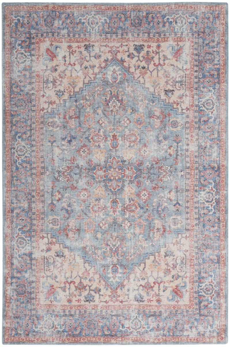 6 x 9 ft. Blue & Orange Medallion Distressed Washable Rectangle Area Rug - Blue and Orange - 6 x 9 ft.