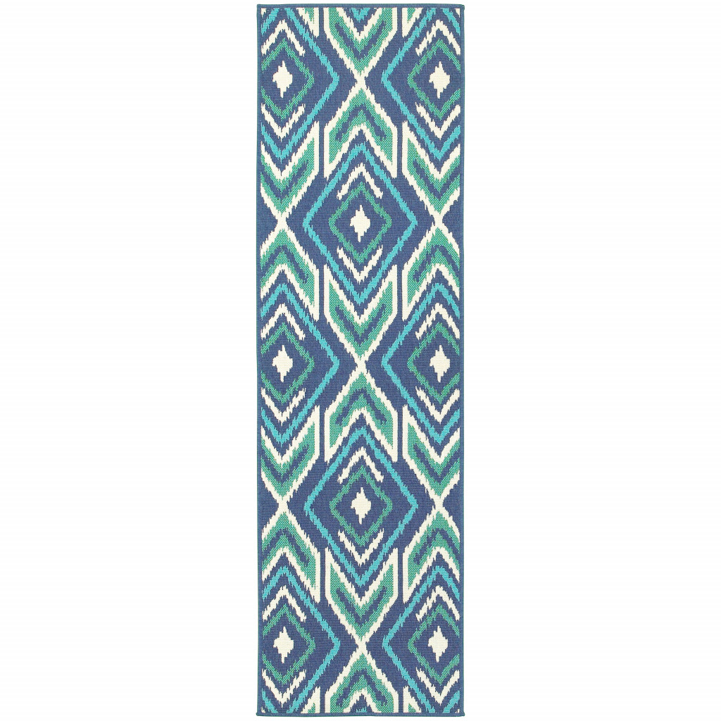 2 x 8 ft. Navy Geometric Stain Resistant Indoor & Outdoor Rectangle Area Rug - Blue and Ivory - 0.15in. H x 26.77in. W x 90.55in. D