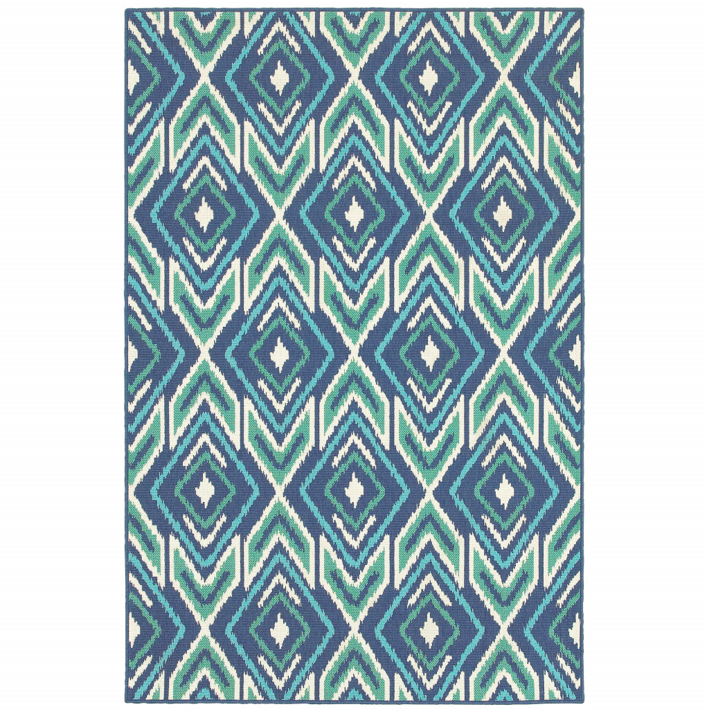4 x 6 ft. Navy Geometric Stain Resistant Indoor & Outdoor Rectangle Area Rug - Blue and Ivory - 4 x 6 ft.