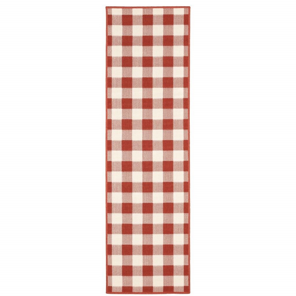 2 x 8 ft. Red Geometric Stain Resistant Indoor & Outdoor Rectangle Area Rug - Red and Ivory