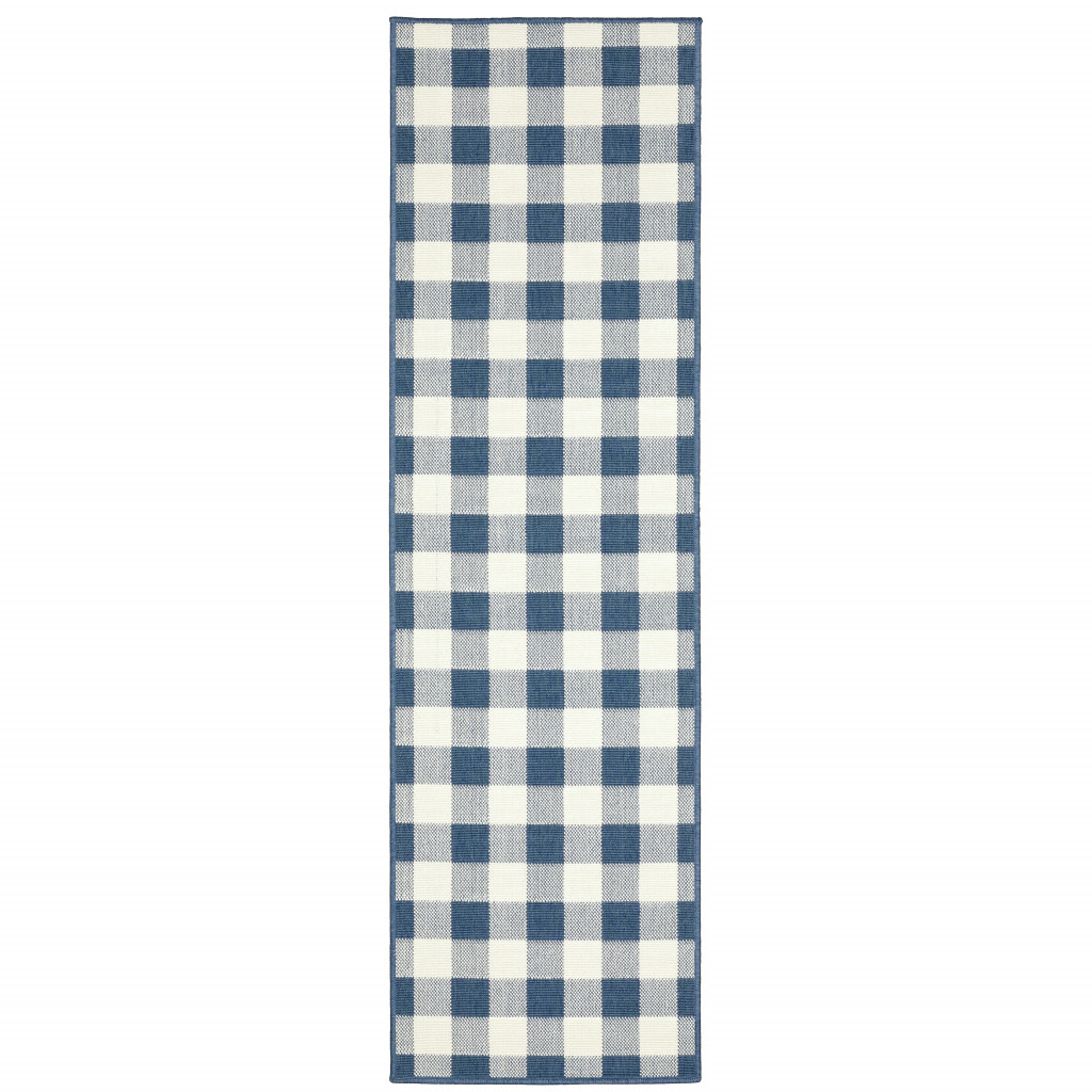2 x 8 ft. Blue Geometric Stain Resistant Indoor & Outdoor Rectangle Area Rug - Blue and Ivory - 2 x 8 ft.
