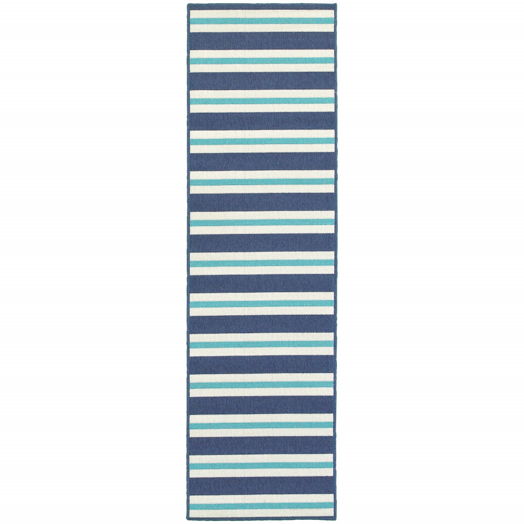 2 x 8 ft. Blue Geometric Stain Resistant Indoor & Outdoor Rectangle Area Rug - Blue and Ivory - 2 x 8 ft.