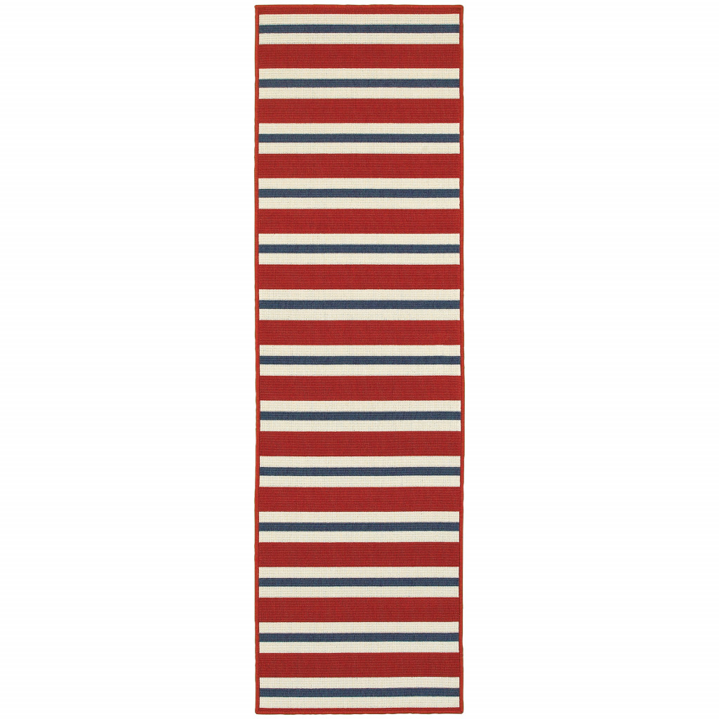2 x 8 ft. Red Geometric Stain Resistant Indoor & Outdoor Rectangle Area Rug - Red and Ivory - 2 x 8 ft.