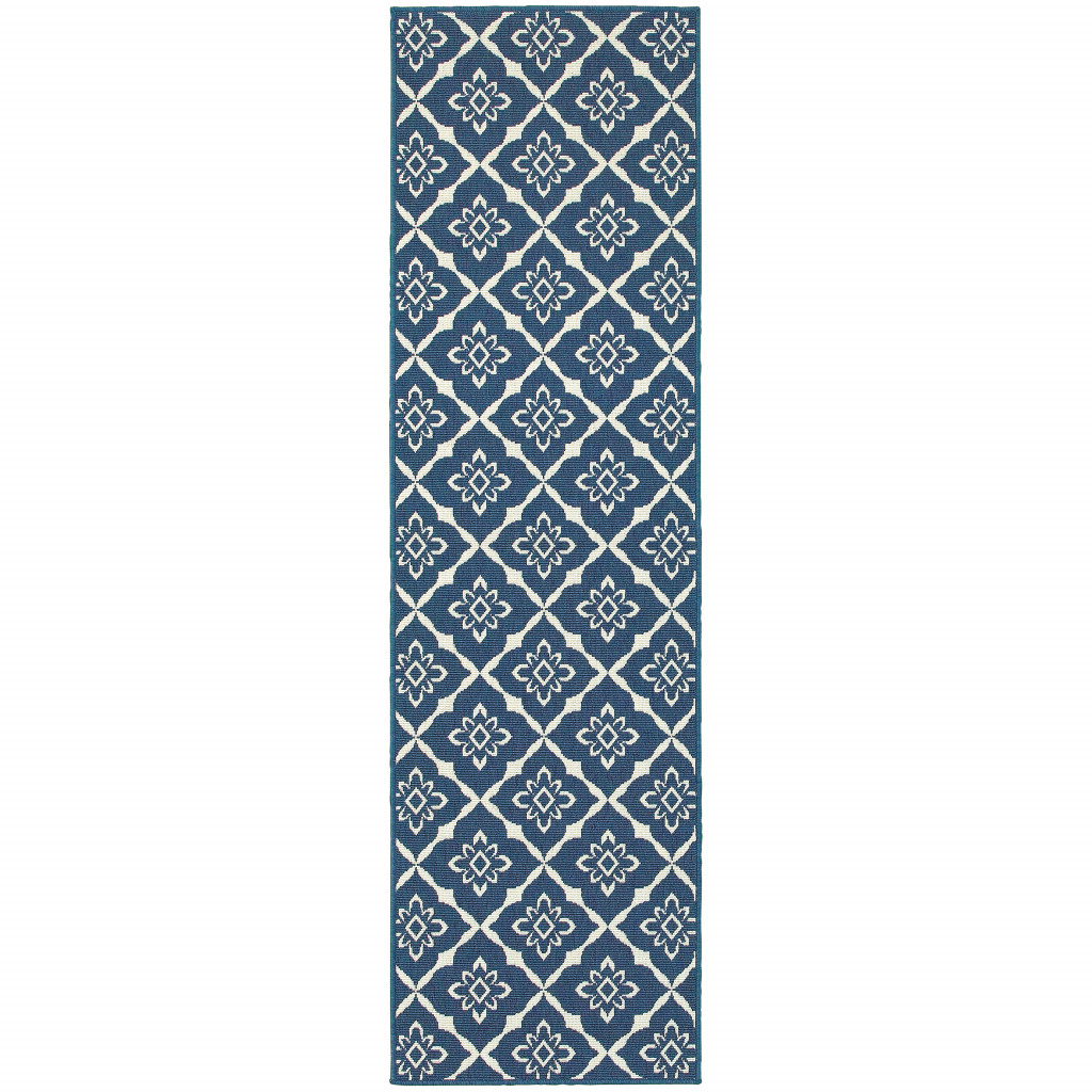 2 x 8 ft. Navy Floral Stain Resistant Indoor & Outdoor Rectangle Area Rug - Blue and Ivory - 0.15in. H x 26.77in. W x 90.55in. D