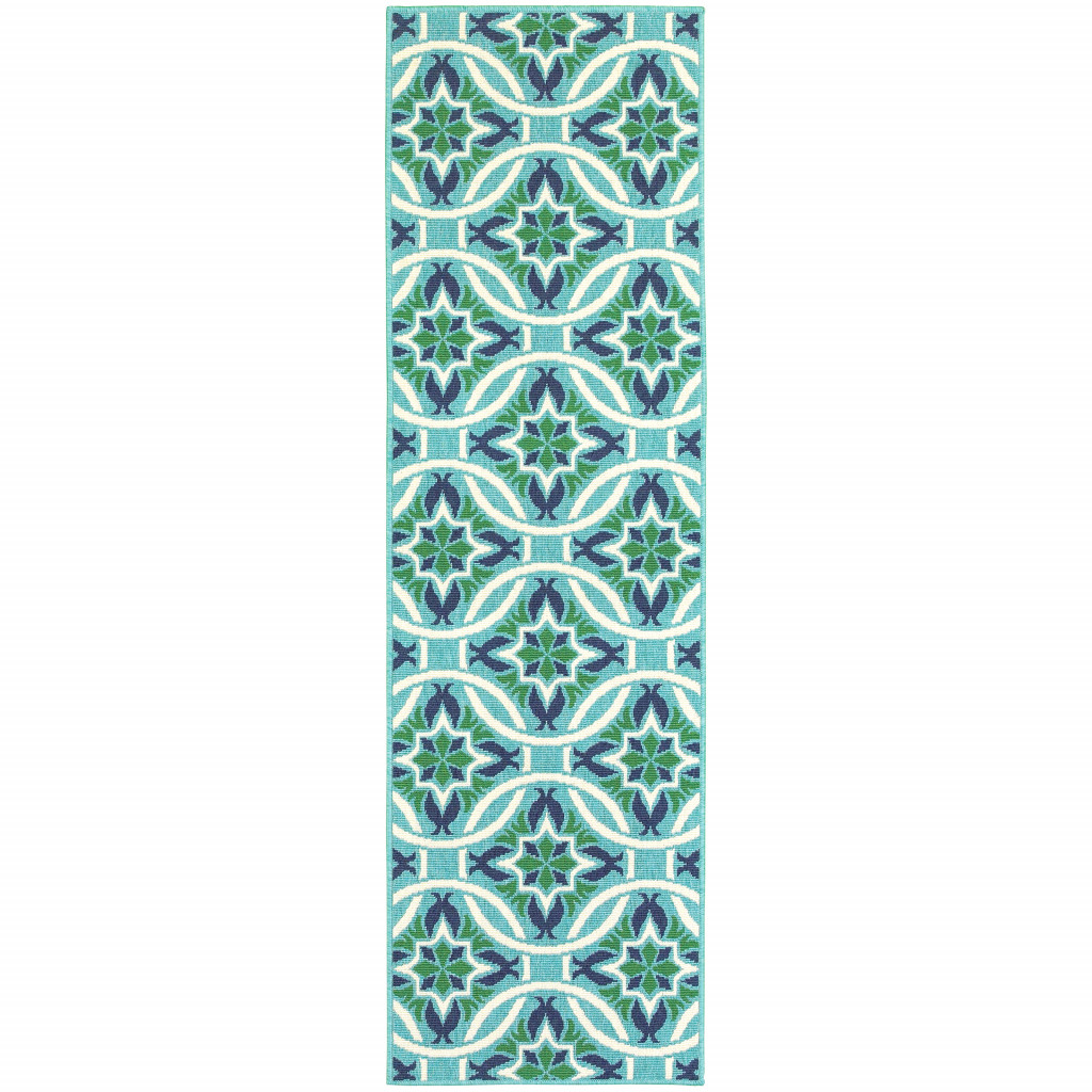 2 x 8 ft. Blue Geometric Stain Resistant Indoor & Outdoor Rectangle Area Rug - Blue and Green - 2 x 8 ft.