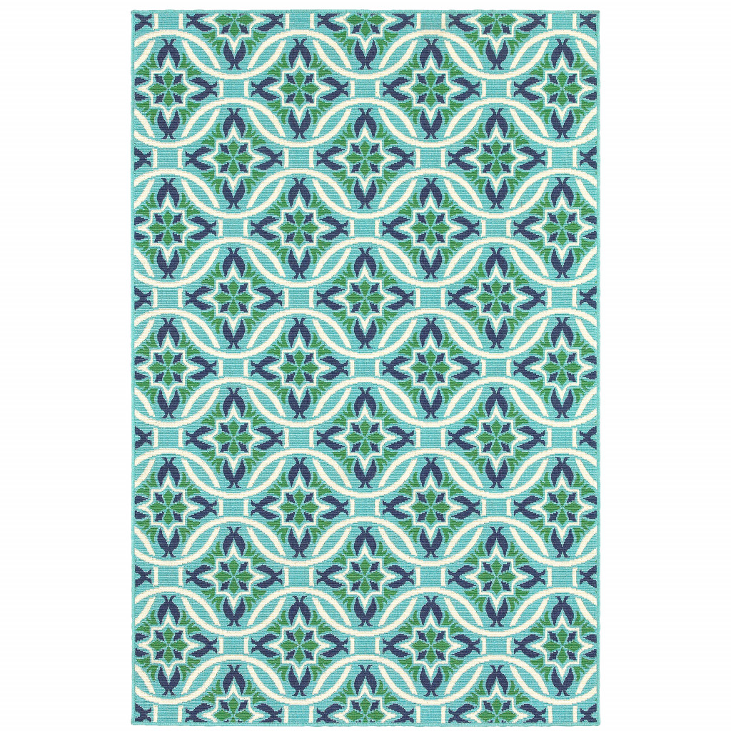 6 x 9 ft. Blue Geometric Stain Resistant Indoor & Outdoor Rectangle Area Rug - Blue and Green - 6 x 9 ft.