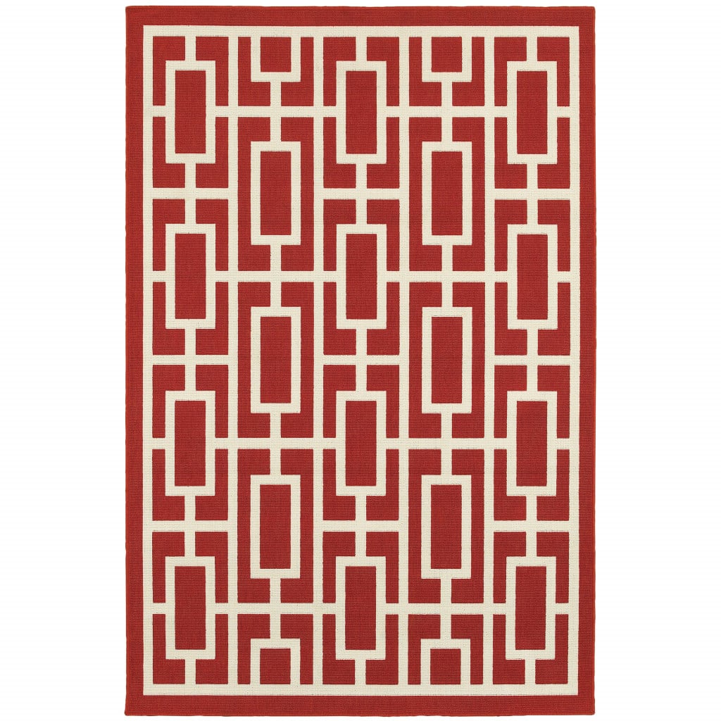 6 x 9 ft. Red Geometric Stain Resistant Indoor & Outdoor Rectangle Area Rug - Red and Ivory - 6 x 9 ft.