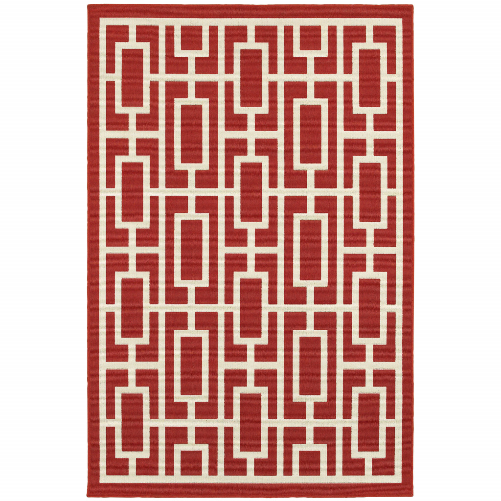 9 x 13 ft. Red Geometric Stain Resistant Indoor & Outdoor Rectangle Area Rug - Red and Ivory
