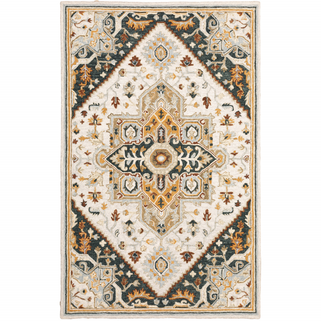 8 x 10 ft. Ivory Charcoal Gold Clay & Muted Blue Oriental Hand Tufted Handmade Stain Resistant Rectangle Area Rug