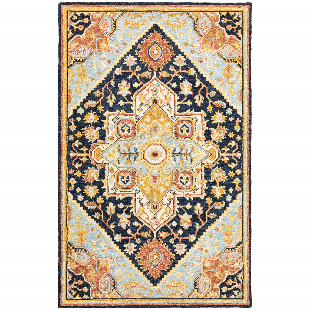 5 x 8 ft. Navy Rust Blue Ivory & Gold Oriental Hand Tufted Handmade Stain Resistant Rectangle Area Rug