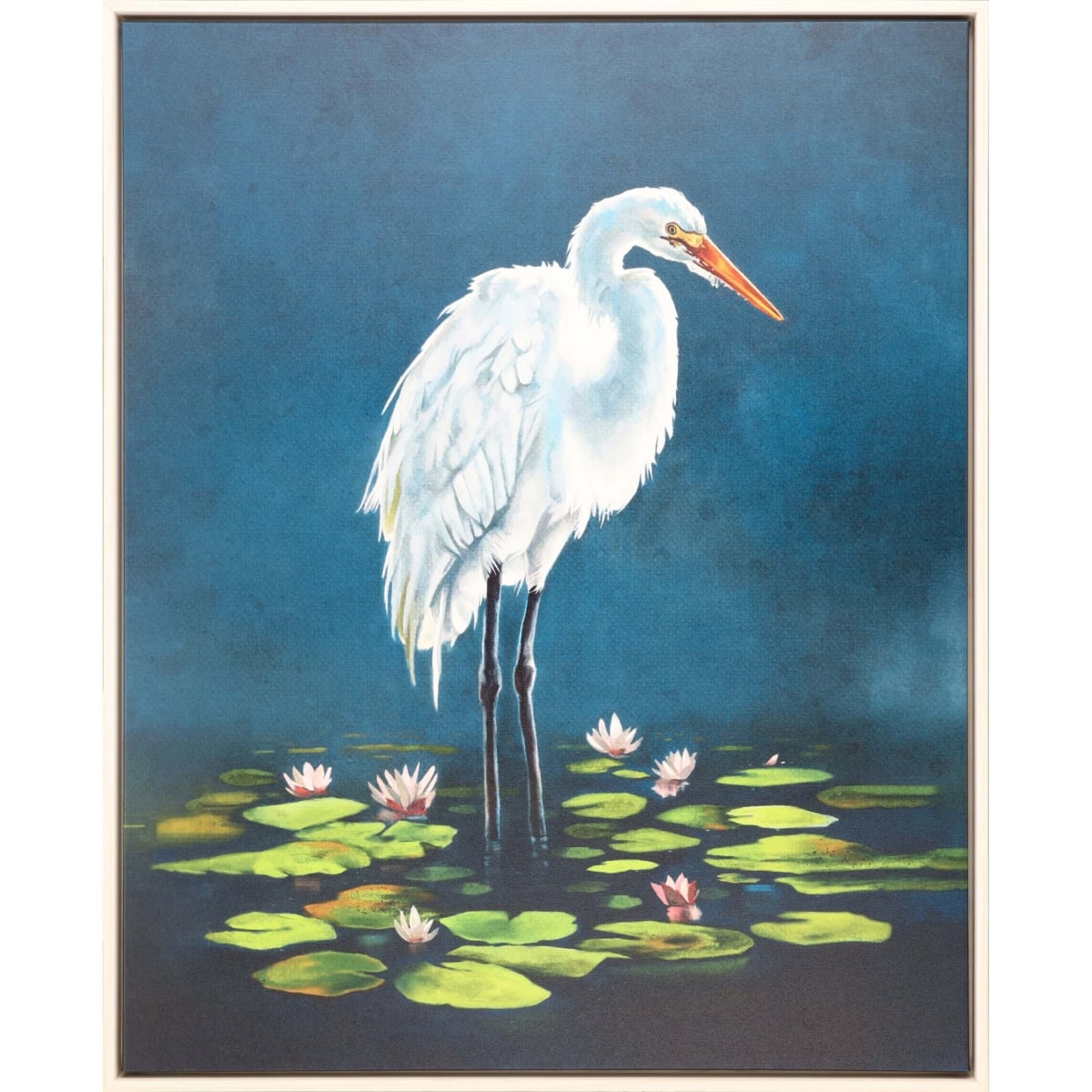 52 x 42 x 3 in. Egret In Lily Pads Canvas Silver Floater Frame Print Wall Art