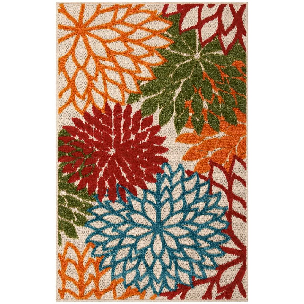 3 x 5 ft. Green Floral Non Skid Indoor & Outdoor Rectangle Area Rug - Green and Ivory - 0.25in. H x 36in. W x 60in. D