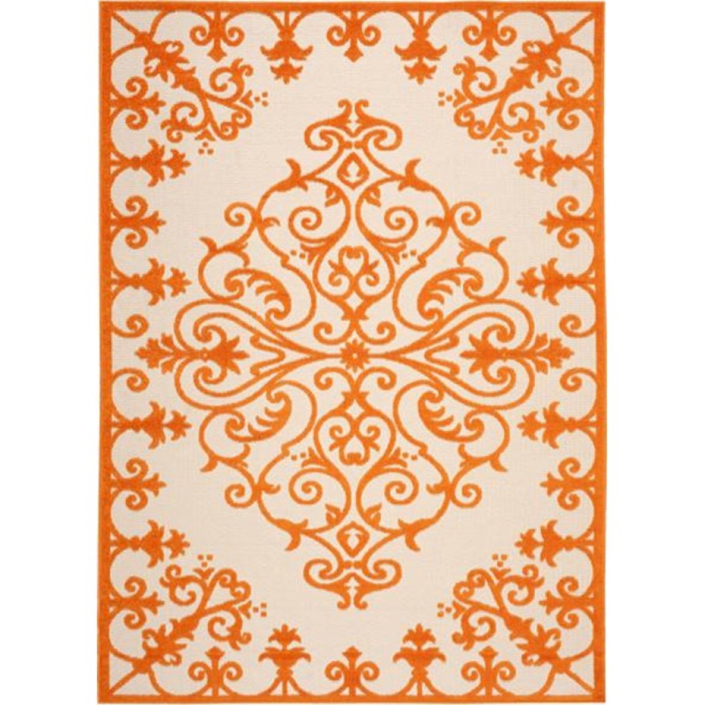 10 x 13 ft. Orange Damask Non Skid Indoor & Outdoor Rectangle Area Rug - Orange and Ivory - 25in. H x 114in. W x 156in. D - 40 lbs