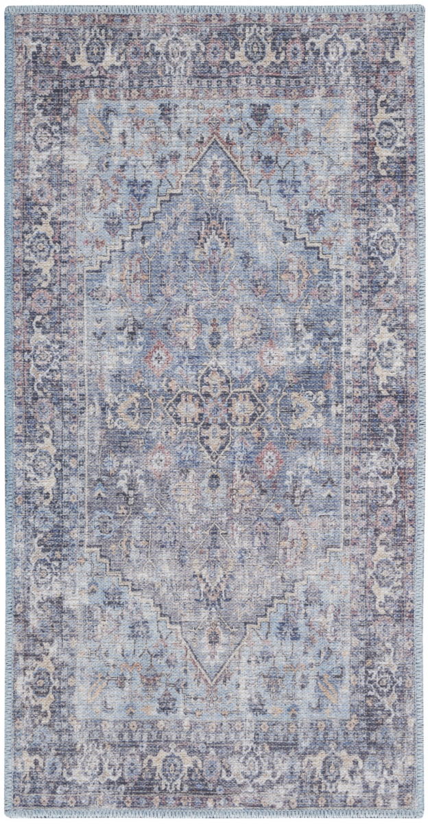 2 x 4 ft. Light Gray & Blue Oriental Power Loom Distressed Washable Rectangle Area Rug