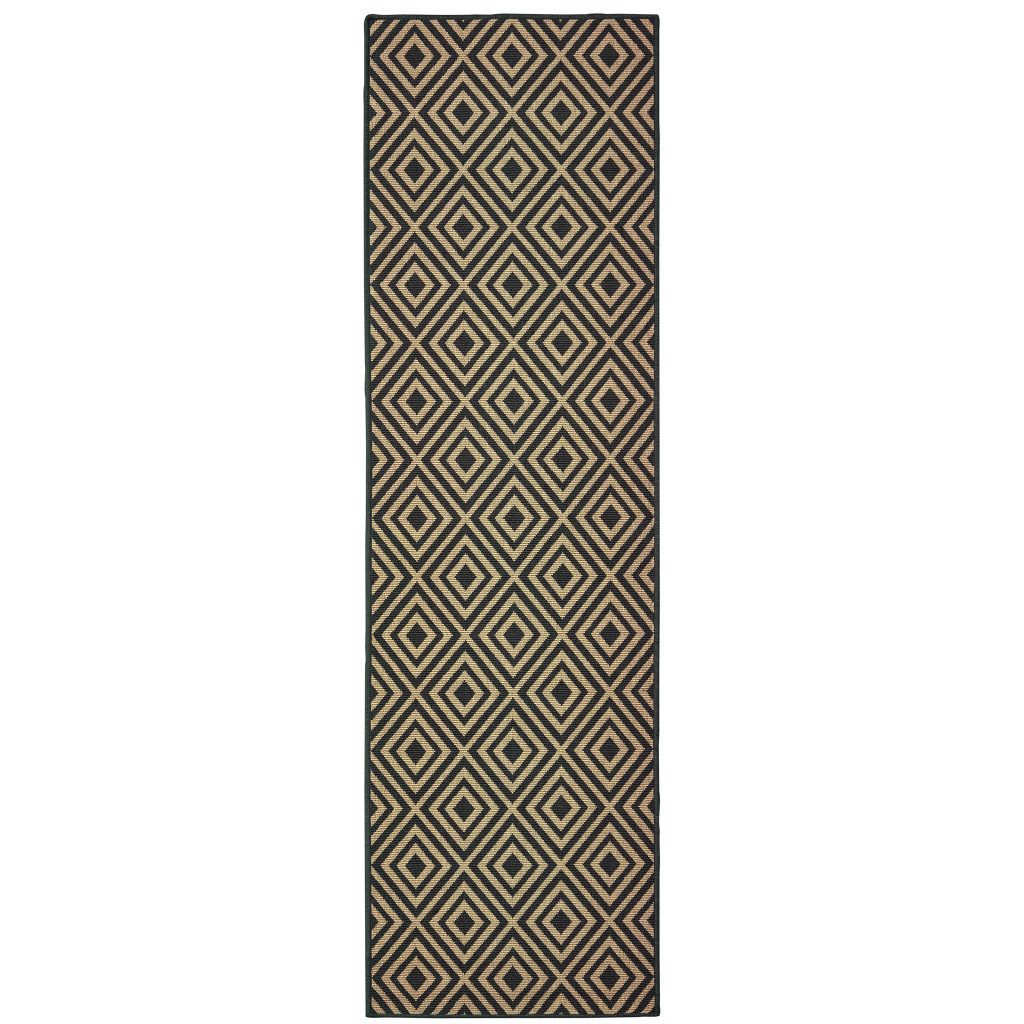 2 x 8 ft. Black Geometric Stain Resistant Indoor & Outdoor Rectangle Area Rug - Black and Tan - 2 x 8 ft.
