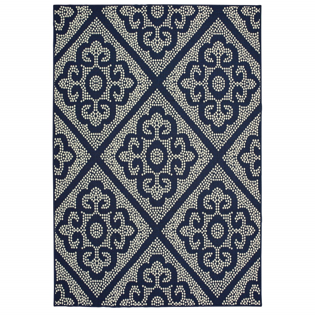 6 x 9 ft. Navy Geometric Stain Resistant Indoor & Outdoor Rectangle Area Rug - Blue and Ivory - 0.11in. H x 78.74in. W x 114.17in. D