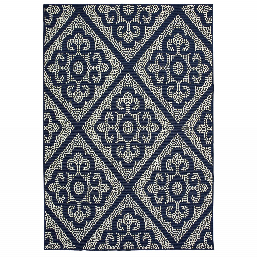 9 x 13 ft. Navy Geometric Stain Resistant Indoor & Outdoor Rectangle Area Rug - Blue and Ivory