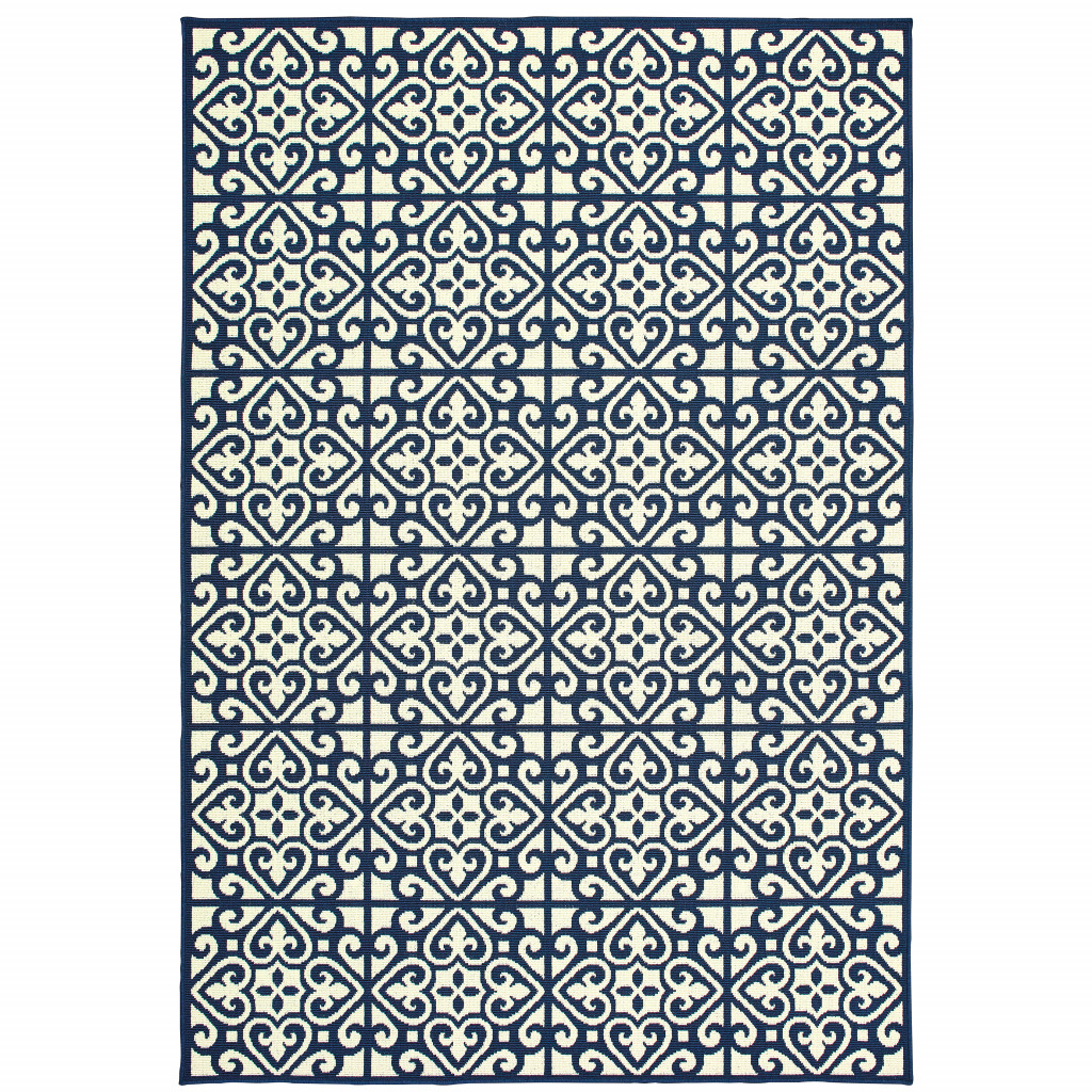 2 x 4 ft. Ivory Geometric Stain Resistant Indoor & Outdoor Rectangle Area Rug - Ivory and Blue - 2 x 4 ft.