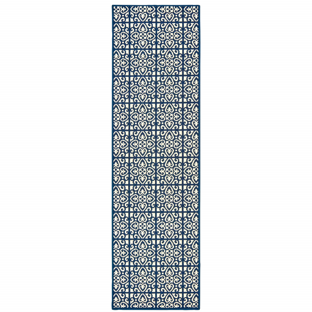 2 x 8 ft. Ivory Geometric Stain Resistant Indoor & Outdoor Rectangle Area Rug - Ivory and Blue - 2 x 8 ft.