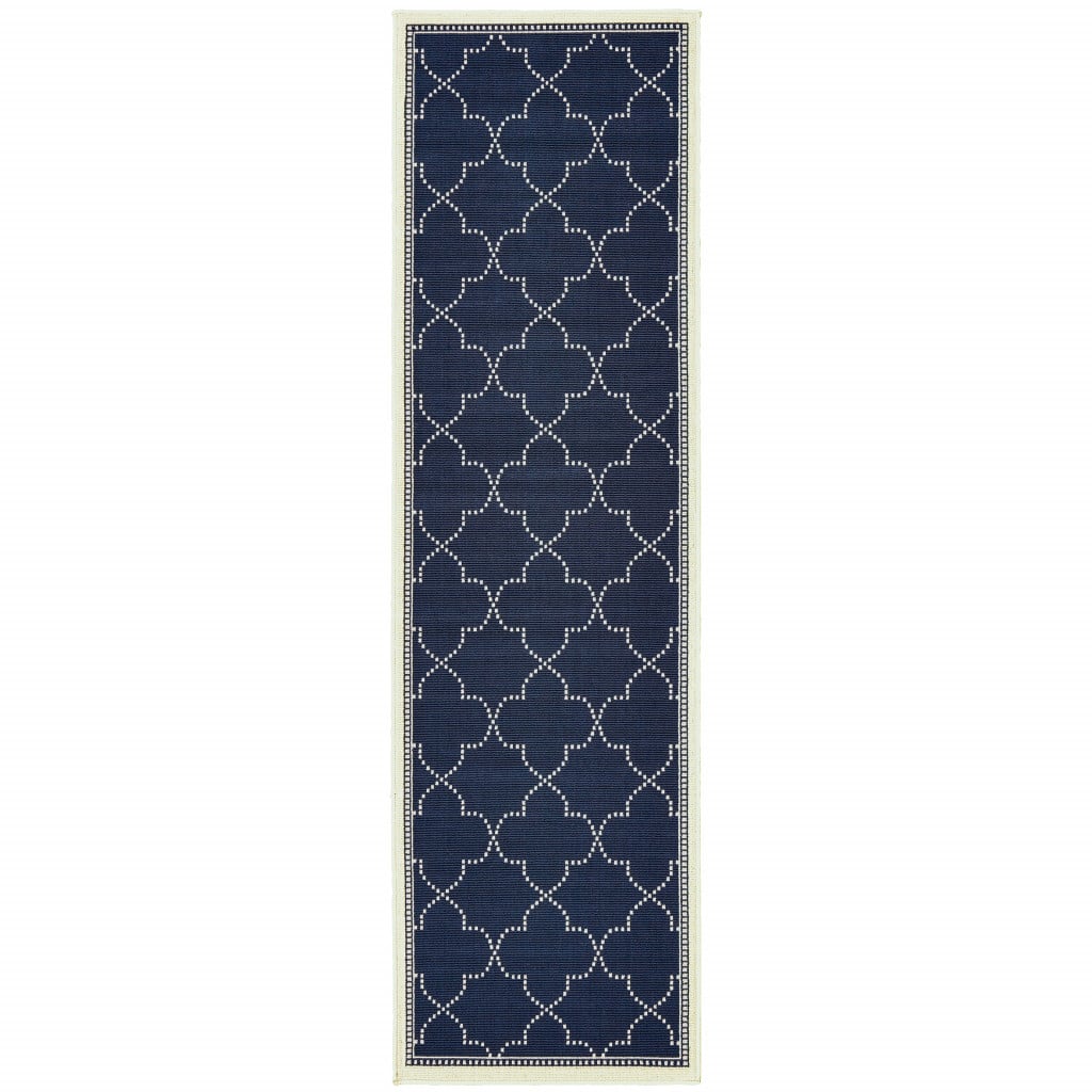 2 x 8 ft. Navy Geometric Stain Resistant Indoor & Outdoor Rectangle Area Rug - Blue and Ivory - 2 x 8 ft.