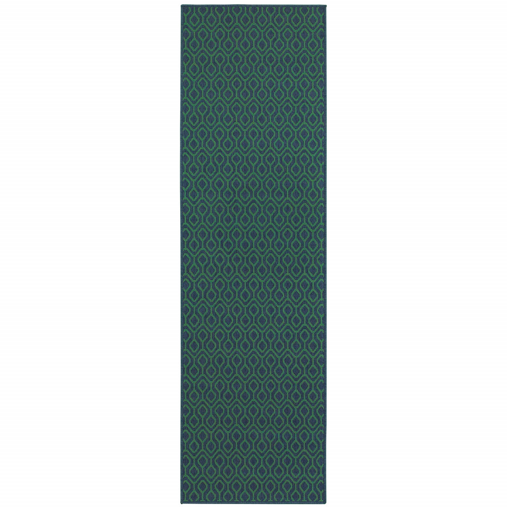 2 x 8 ft. Navy Geometric Stain Resistant Indoor & Outdoor Rectangle Area Rug - Blue and Green - 0.15in. H x 26.77in. W x 90.55in. D