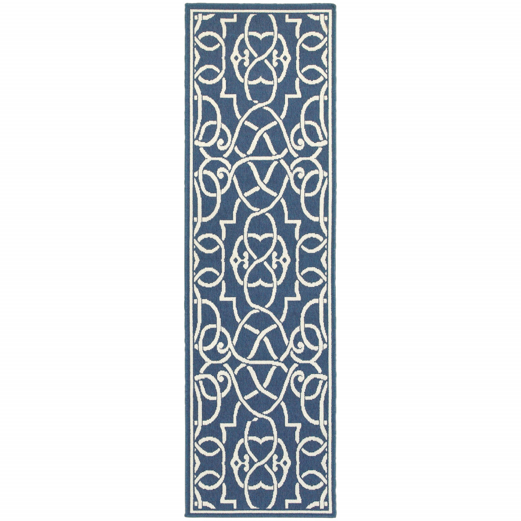 2 x 8 ft. Navy Geometric Stain Resistant Indoor & Outdoor Rectangle Area Rug - Blue and Ivory - 0.15in. H x 26.77in. W x 90.55in. D