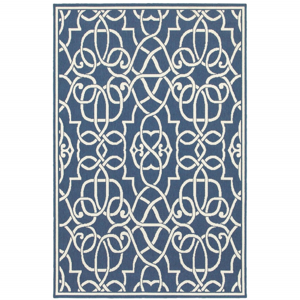 6 x 9 ft. Navy Geometric Stain Resistant Indoor & Outdoor Rectangle Area Rug - Blue and Ivory - 0.15in. H x 78.74in. W x 114.17in. D