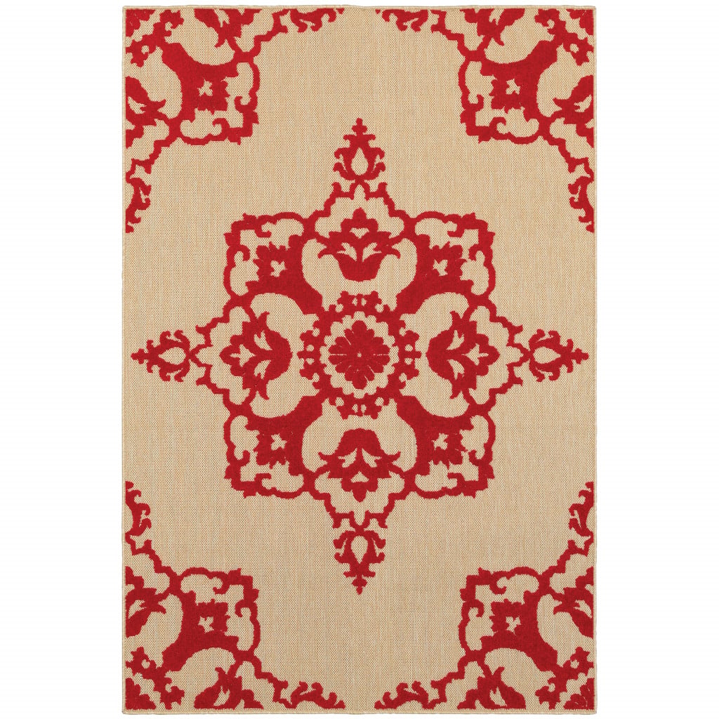 2 x 4 ft. Sand Oriental Stain Resistant Indoor & Outdoor Rectangle Area Rug - Red - 2 x 4 ft.