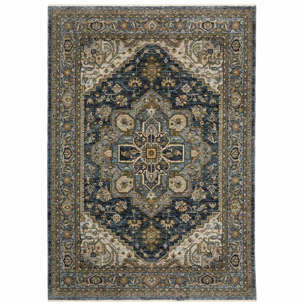 5 x 8 ft. Blue & Green Oriental Power Loom Rectangle Area Rug with Fringe
