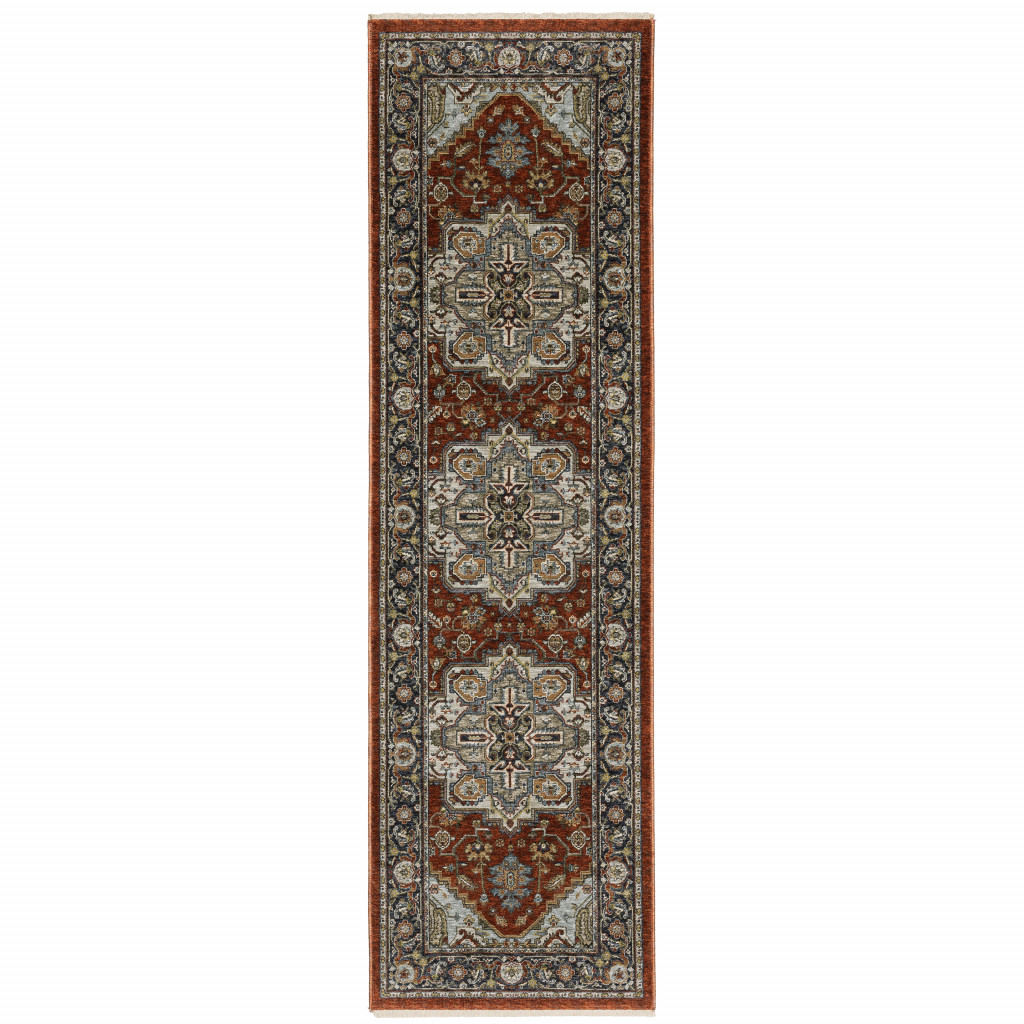 2 x 8 ft. Blue Beige Gray Gold Green & Rust Red Oriental Power Loom Stain Resistant Runner Area Rug with Fringe