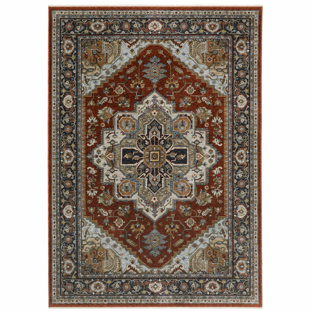 5 x 8 ft. Blue Beige Gray Gold Green & Rust Red Oriental Power Loom Stain Resistant Rectangle Area Rug with Fringe