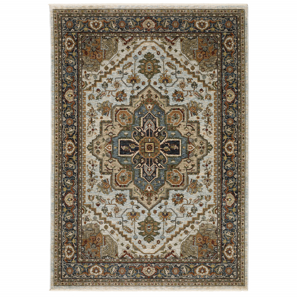 2 x 3 ft. Ivory Beige Blue Orange Gold Green Gray & Rust Oriental Power Loom Stain Resistant Rectangle Area Rug with Fringe