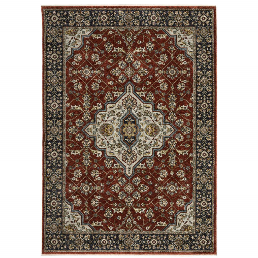 6 x 9 ft. Red Ivory Blue Navy Gold & Gray Oriental Power Loom Stain Resistant Rectangle Area Rug with Fringe