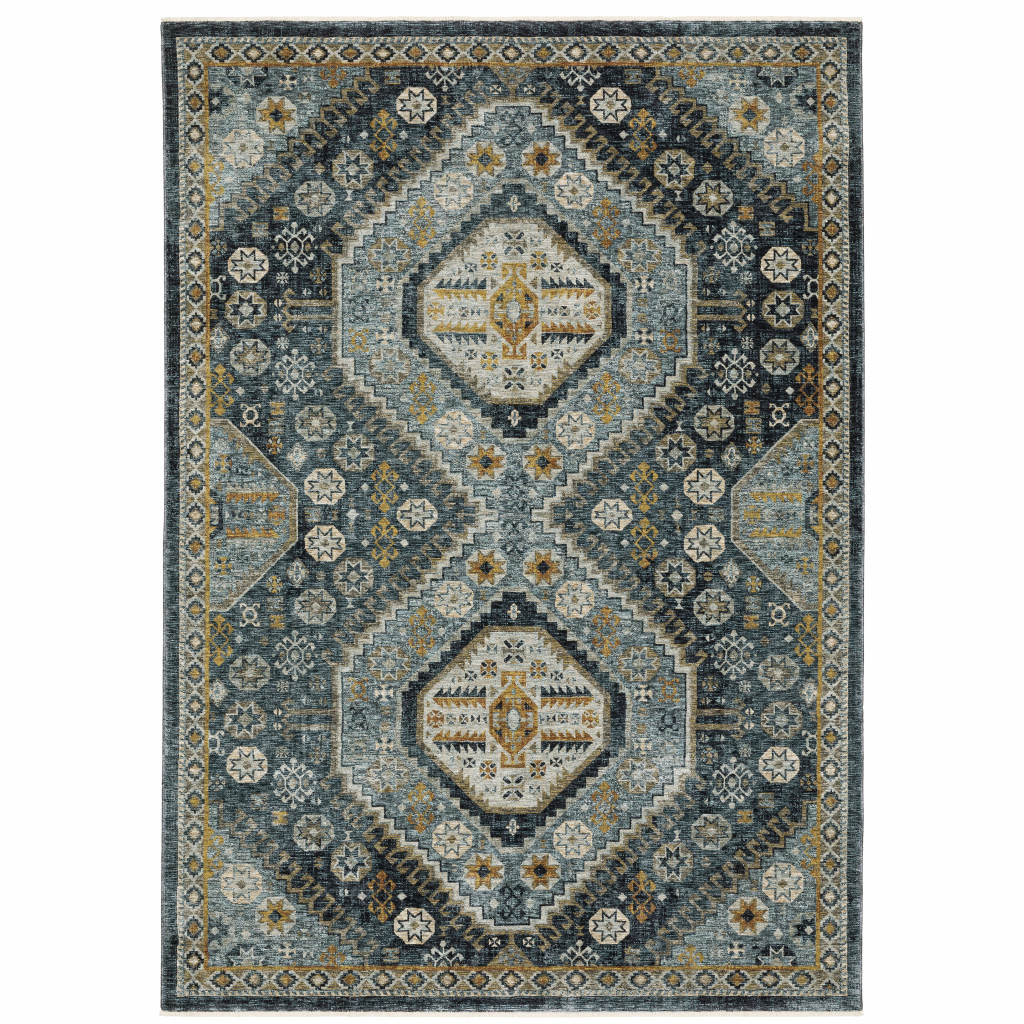 5 x 8 ft. Blue Gold Ivory & Navy Oriental Power Loom Stain Resistant Rectangle Area Rug with Fringe