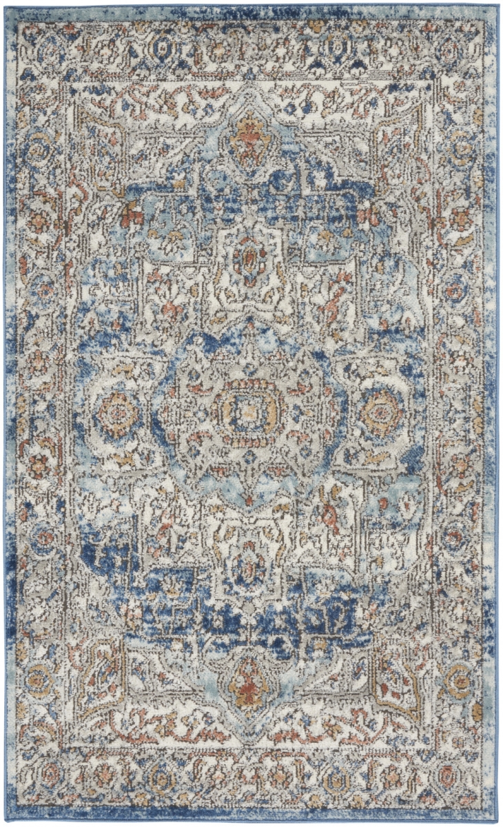 3 x 5 ft. Ivory & Blue Oriental Power Loom Non Skid Rectangle Area Rug - Ivory and Blue - 3 x 5 ft.