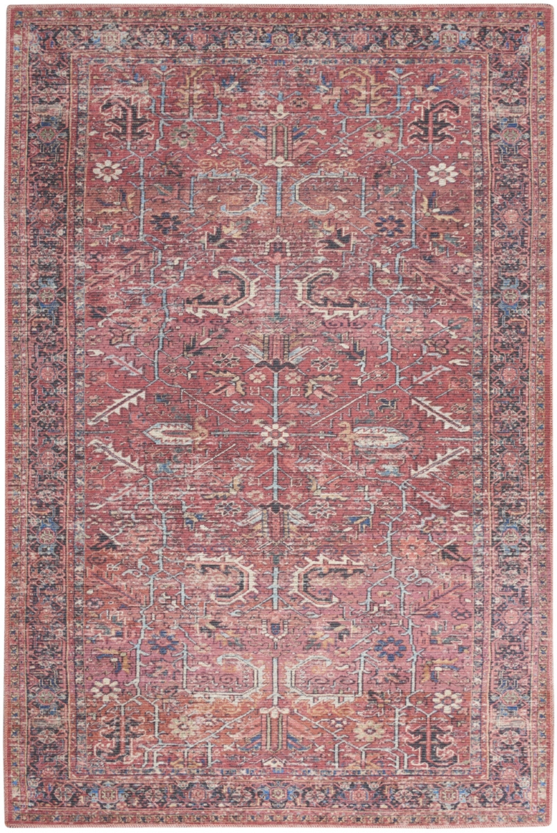 5 x 7 ft. Brick Oriental Power Loom Distressed Washable Rectangle Area Rug - Pink and Blue - 5 x 7 ft.