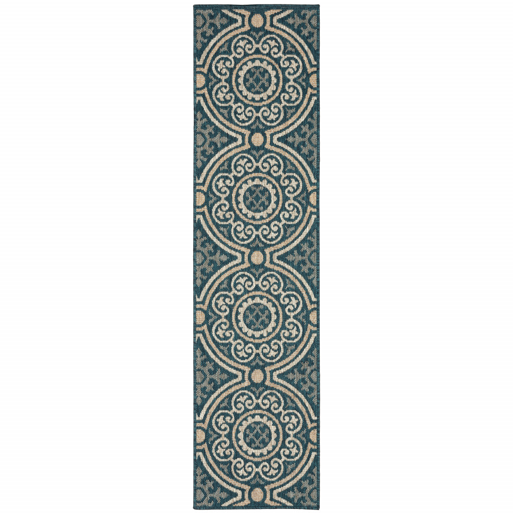 2 x 8 ft. Blue Geometric Stain Resistant Indoor & Outdoor Rectangle Area Rug - Blue and Gray - 2 x 8 ft.
