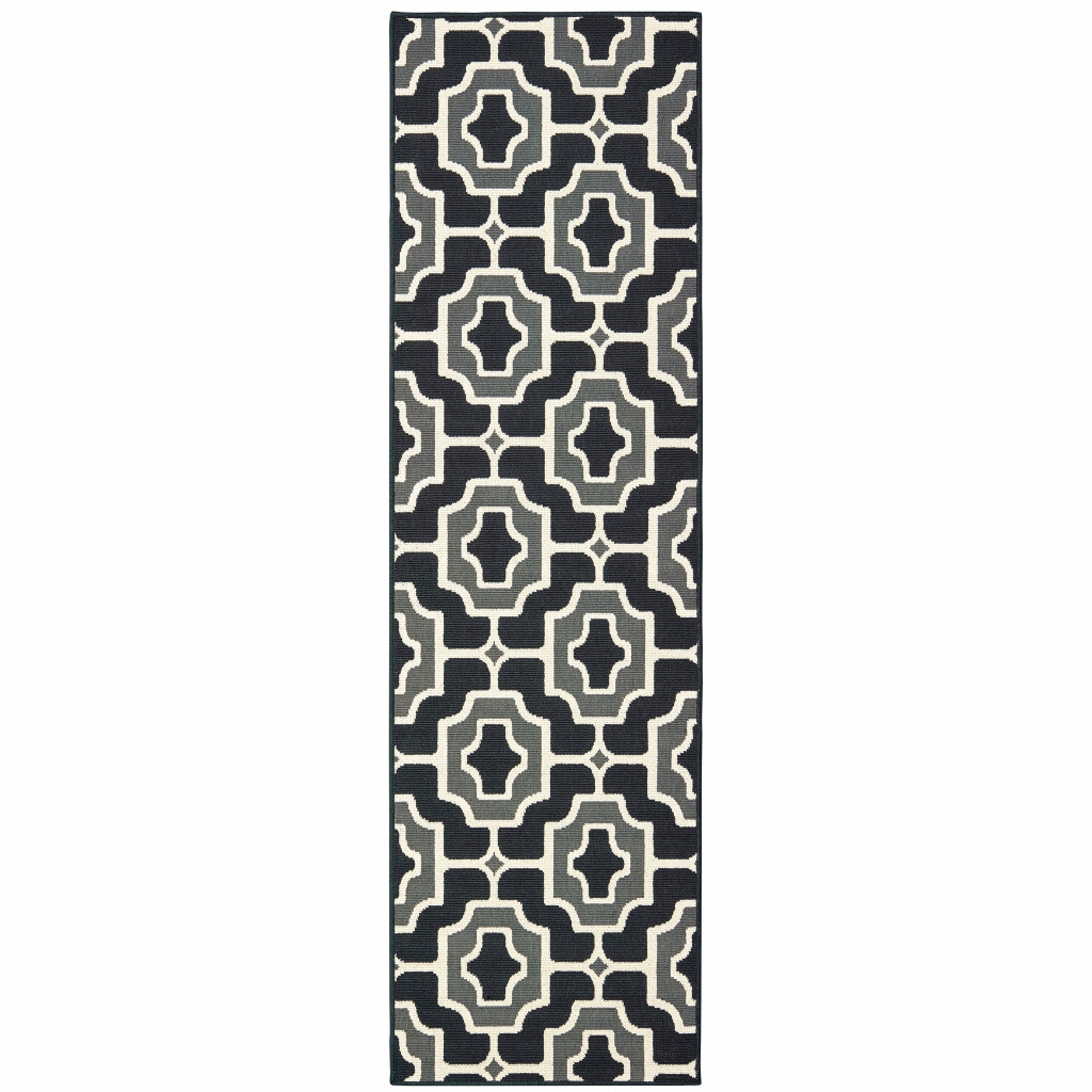 2 x 8 ft. Black Geometric Stain Resistant Indoor & Outdoor Rectangle Area Rug