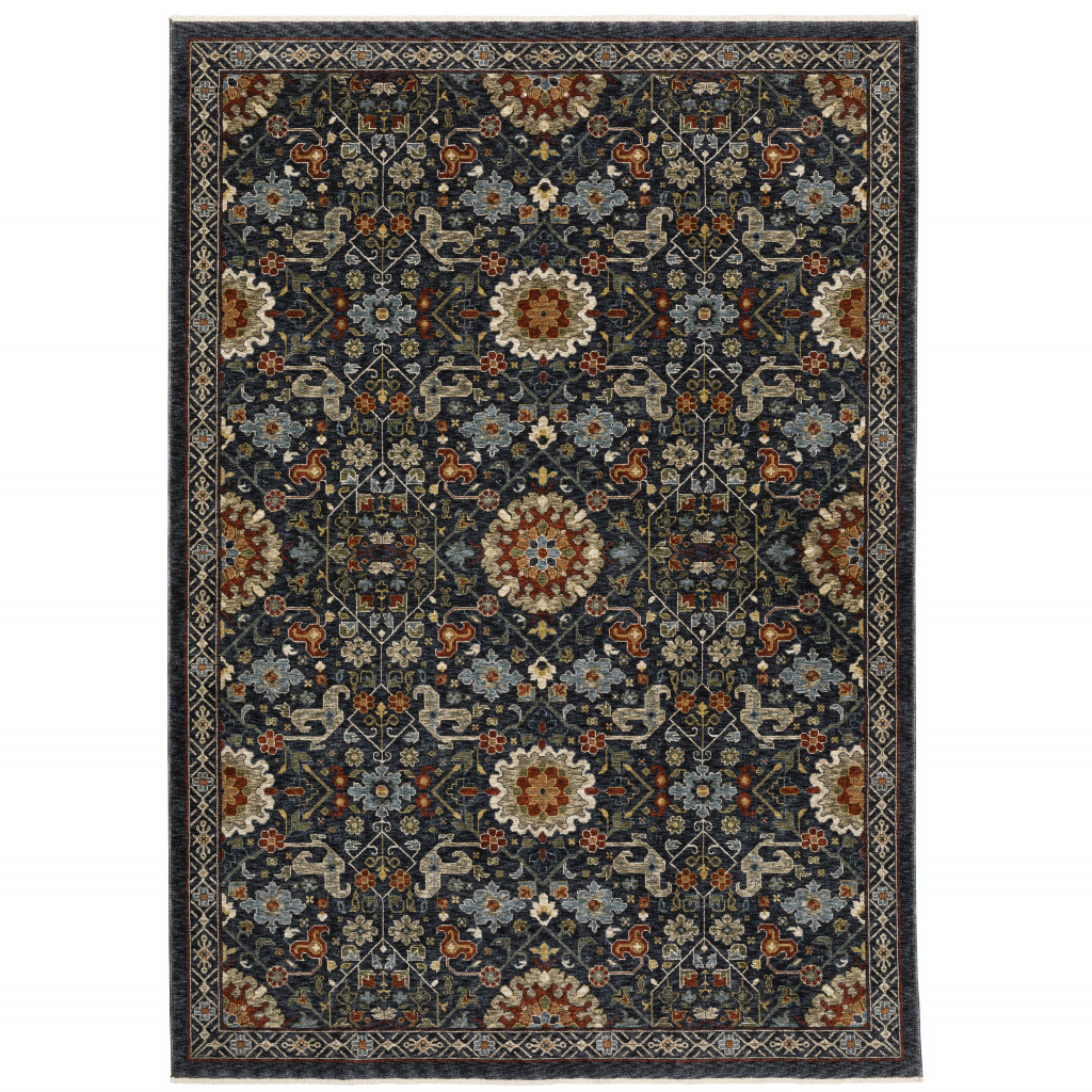 10 x 13 ft. Blue Red Ivory & Gold Oriental Power Loom Stain Resistant Rectangle Area Rug with Fringe
