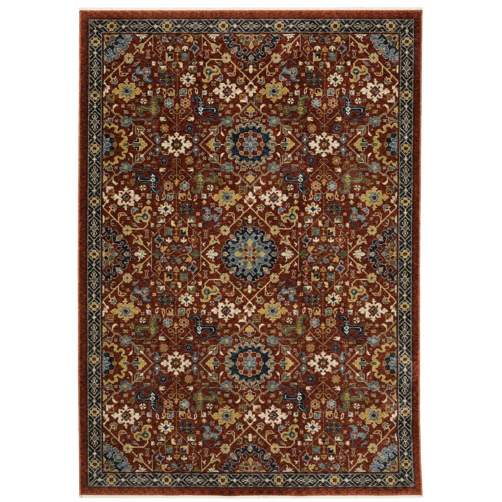 3 x 5 ft. Red Blue Gold & Ivory Oriental Power Loom Stain Resistant Rectangle Area Rug with Fringe